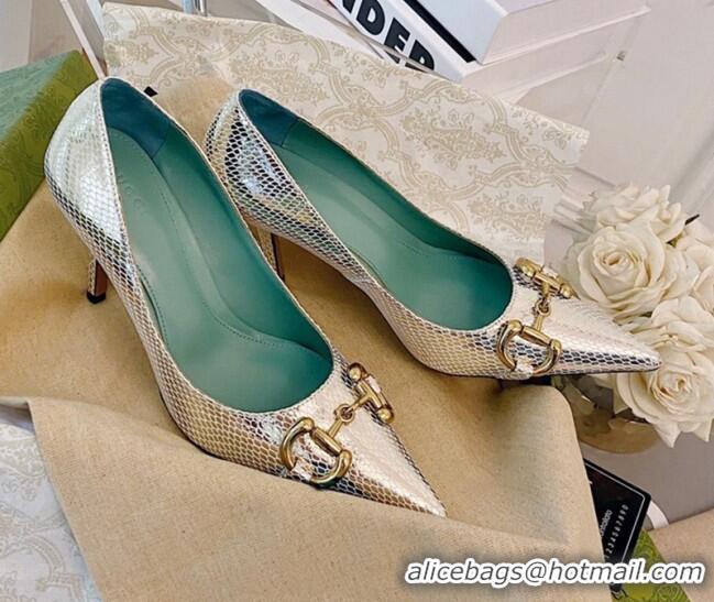 Good Taste Gucci Horsebit Snakeskin-Like Leather Pumps 8.5cm 111616 Silver