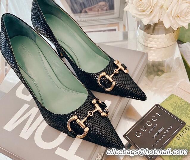 Top Quality Gucci Horsebit Snakeskin-Like Leather Pumps 8.5cm 111616 Black