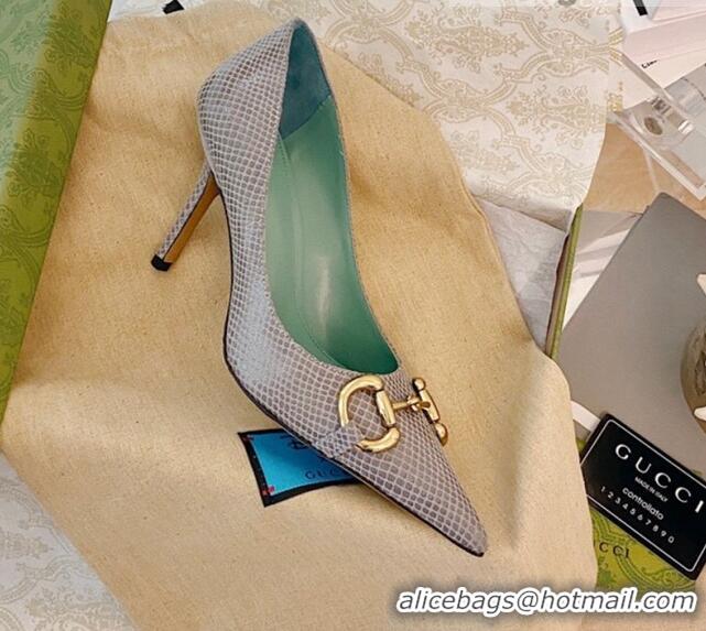 Super Quality Gucci Horsebit Snakeskin-Like Leather Pumps 8.5cm 111616 Grey