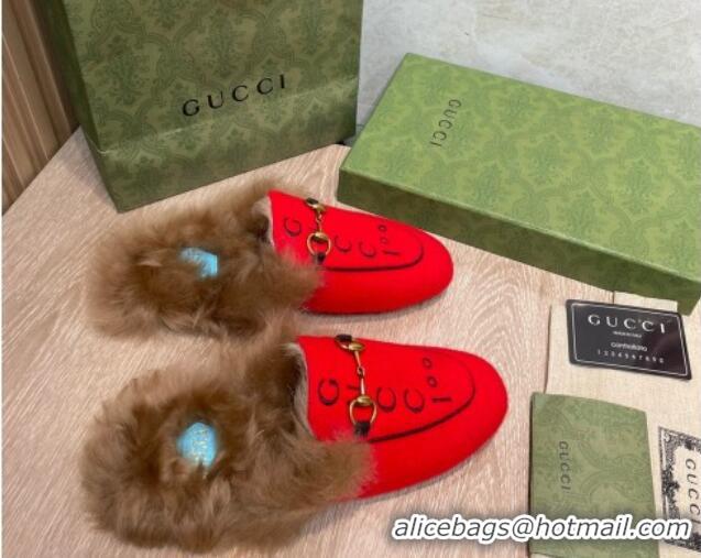 Best Price Gucci 100 Velvet Fur Slippers Red 111623