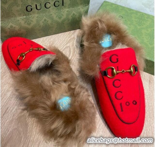 Best Price Gucci 100 Velvet Fur Slippers Red 111623