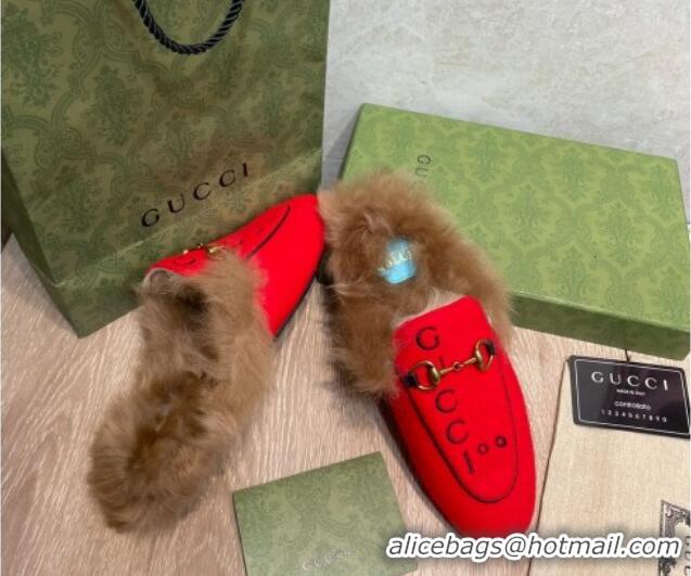 Best Price Gucci 100 Velvet Fur Slippers Red 111623