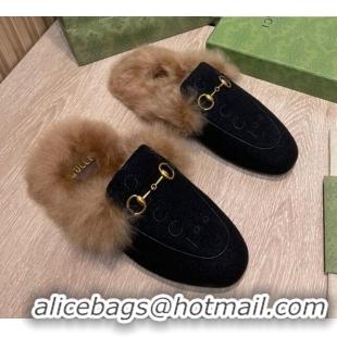 Purchase Gucci 100 Velvet Fur Slippers Black 111624