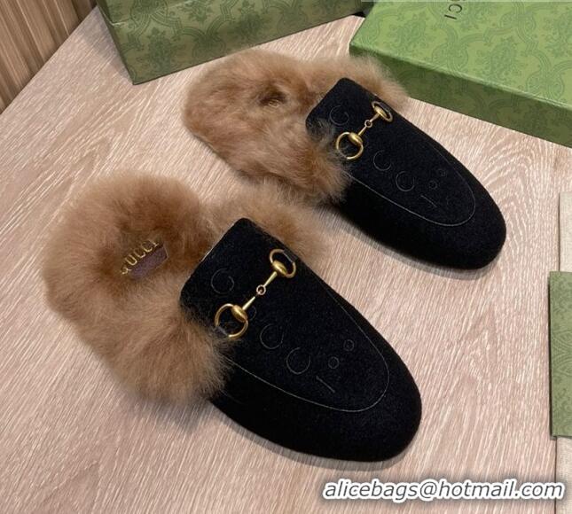 Purchase Gucci 100 Velvet Fur Slippers Black 111624