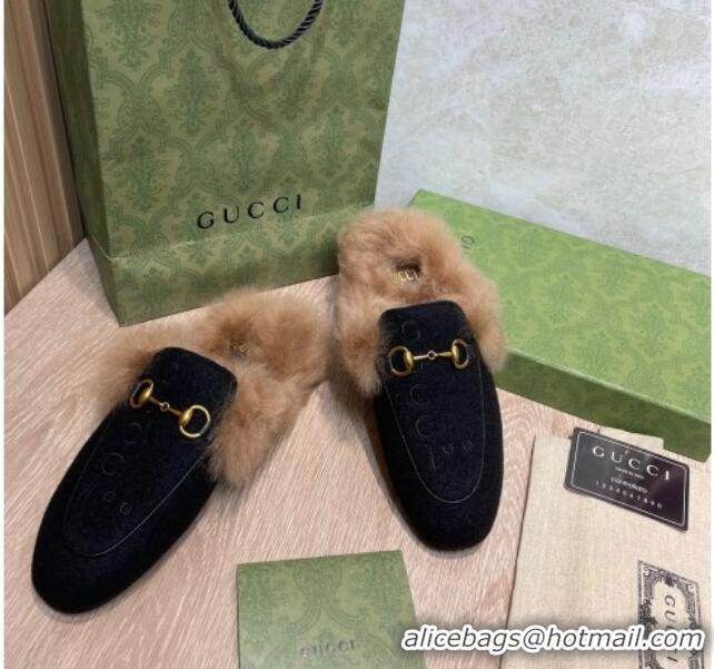 Purchase Gucci 100 Velvet Fur Slippers Black 111624