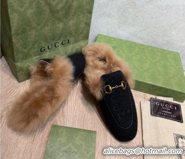 Purchase Gucci 100 Velvet Fur Slippers Black 111624