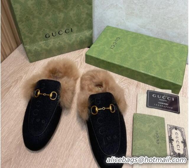 Purchase Gucci 100 Velvet Fur Slippers Black 111624