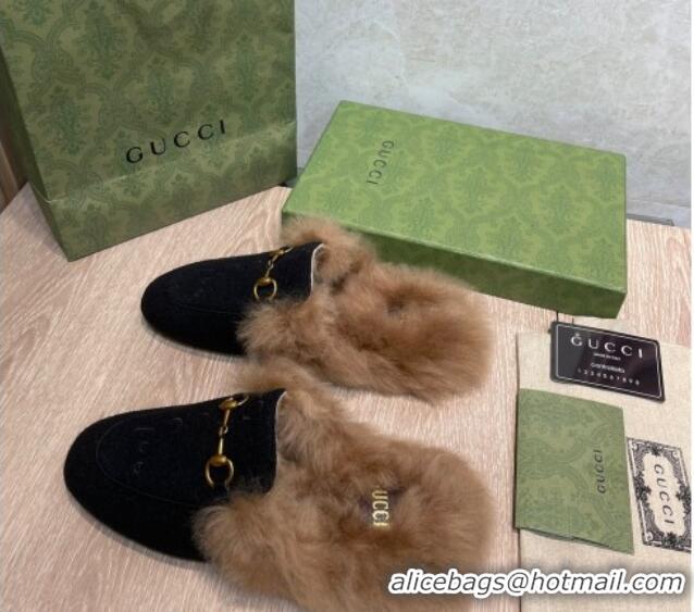 Purchase Gucci 100 Velvet Fur Slippers Black 111624