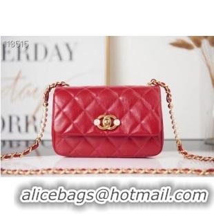 Grade Chanel SMALL FLAP BAG Calfskin Imitation Pearls & Gold-Tone Metal AS3001 red