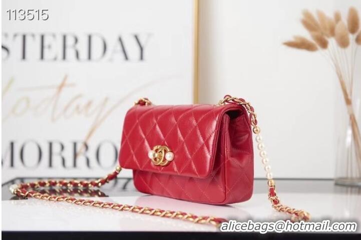 Grade Chanel SMALL FLAP BAG Calfskin Imitation Pearls & Gold-Tone Metal AS3001 red