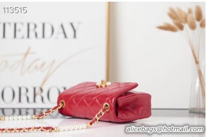 Grade Chanel SMALL FLAP BAG Calfskin Imitation Pearls & Gold-Tone Metal AS3001 red