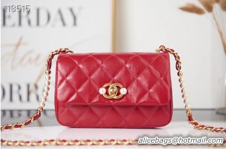 Grade Chanel SMALL FLAP BAG Calfskin Imitation Pearls & Gold-Tone Metal AS3001 red