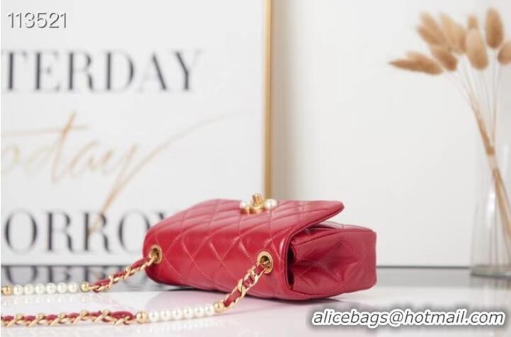 Original Cheap Chanel SMALL FLAP BAG Calfskin Imitation Pearls & Gold-Tone Metal AS3000 red