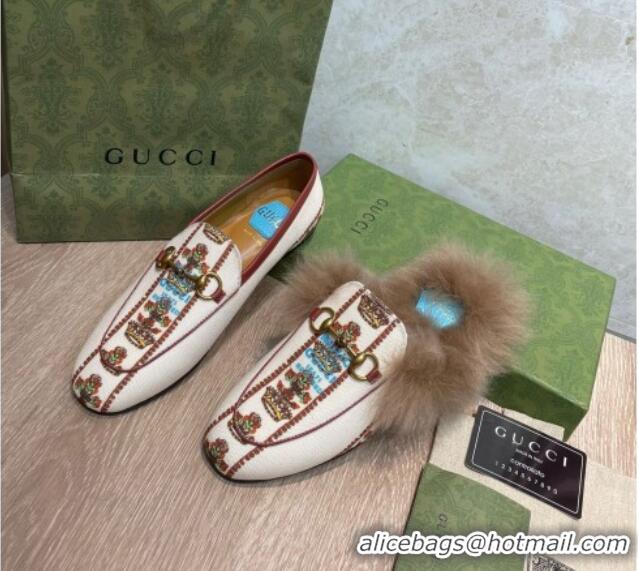 Shop Duplicate Gucci 100 Flower Jacquard Canvas Fur Slippers White 111626