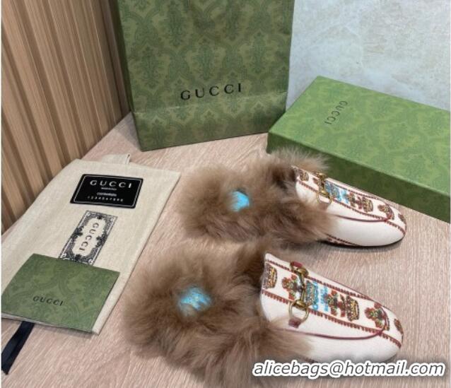 Shop Duplicate Gucci 100 Flower Jacquard Canvas Fur Slippers White 111626