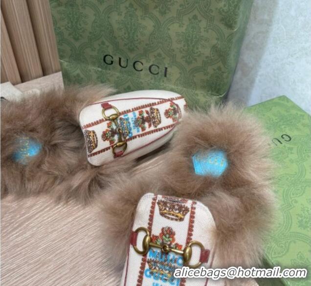 Shop Duplicate Gucci 100 Flower Jacquard Canvas Fur Slippers White 111626