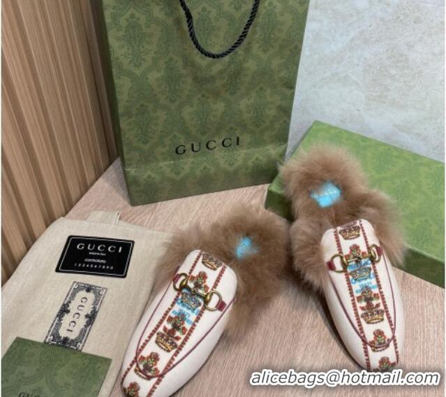 Shop Duplicate Gucci 100 Flower Jacquard Canvas Fur Slippers White 111626