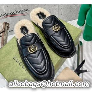 Sophisticated Gucci Leather Shearling Slippers with Double G Black 111630