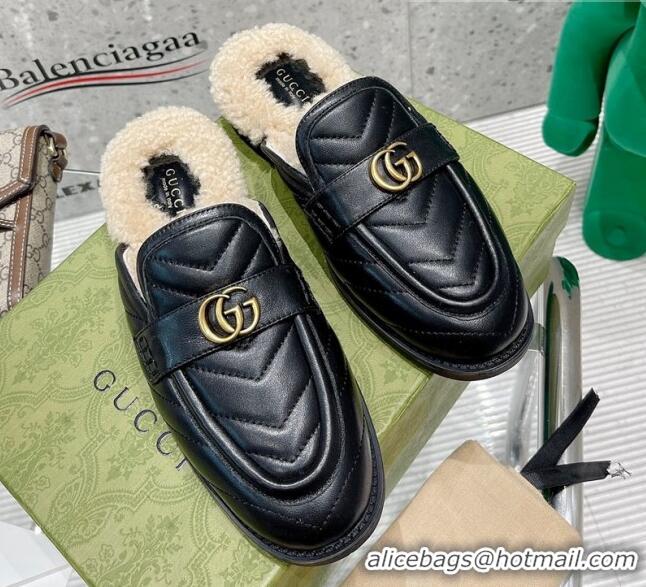 Sophisticated Gucci Leather Shearling Slippers with Double G Black 111630