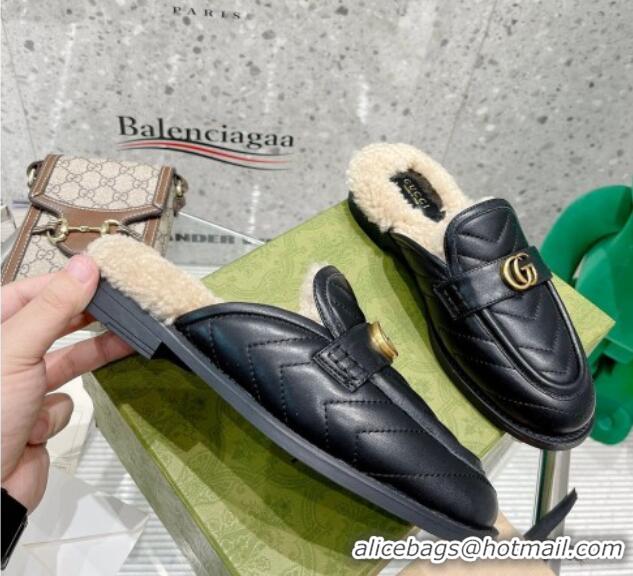 Sophisticated Gucci Leather Shearling Slippers with Double G Black 111630