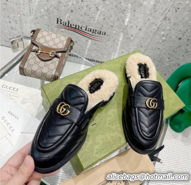 Sophisticated Gucci Leather Shearling Slippers with Double G Black 111630