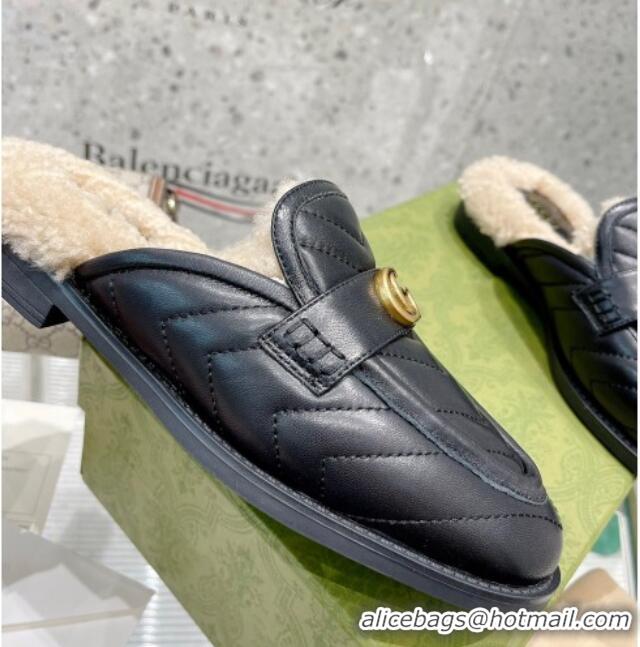 Sophisticated Gucci Leather Shearling Slippers with Double G Black 111630