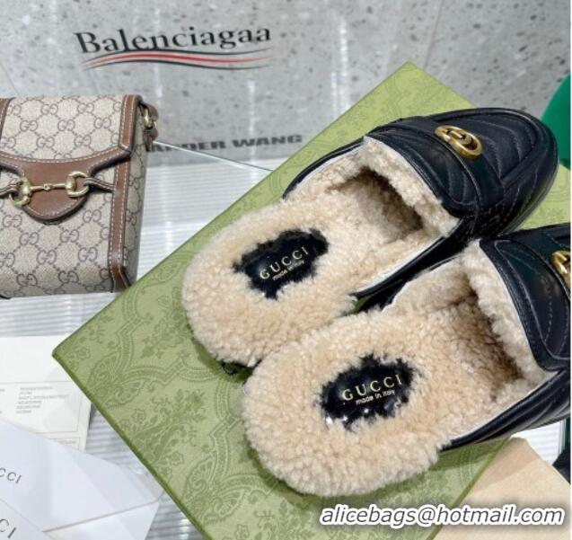 Sophisticated Gucci Leather Shearling Slippers with Double G Black 111630