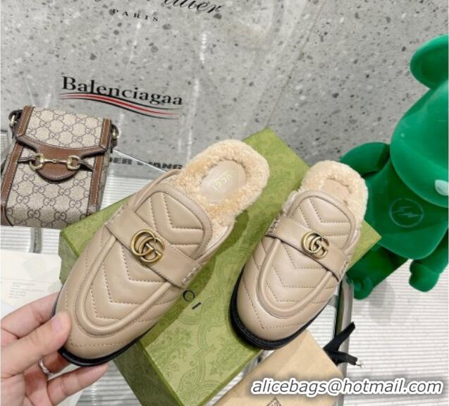 Best Price Gucci Leather Shearling Slippers with Double G Beige 111631