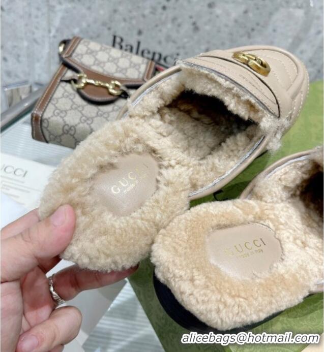 Best Price Gucci Leather Shearling Slippers with Double G Beige 111631