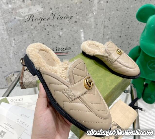 Best Price Gucci Leather Shearling Slippers with Double G Beige 111631