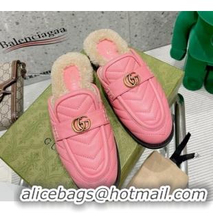 Discount Gucci Leather Shearling Slippers with Double G 111631 Pink