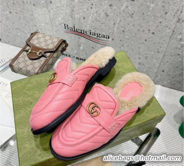 Discount Gucci Leather Shearling Slippers with Double G 111631 Pink