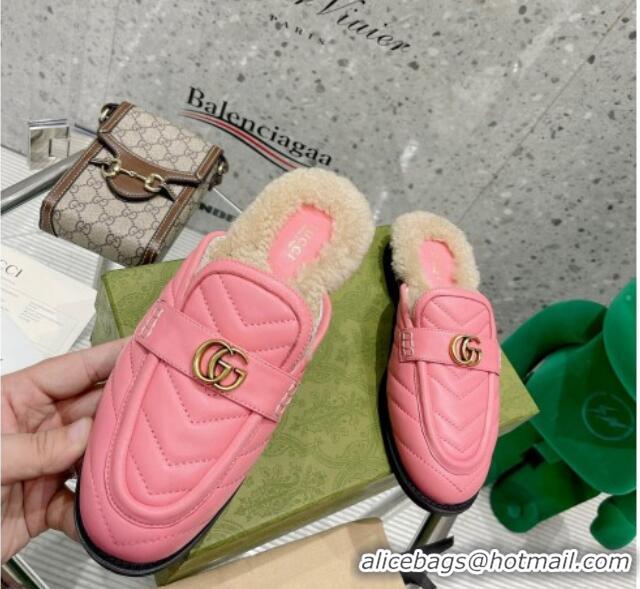 Discount Gucci Leather Shearling Slippers with Double G 111631 Pink