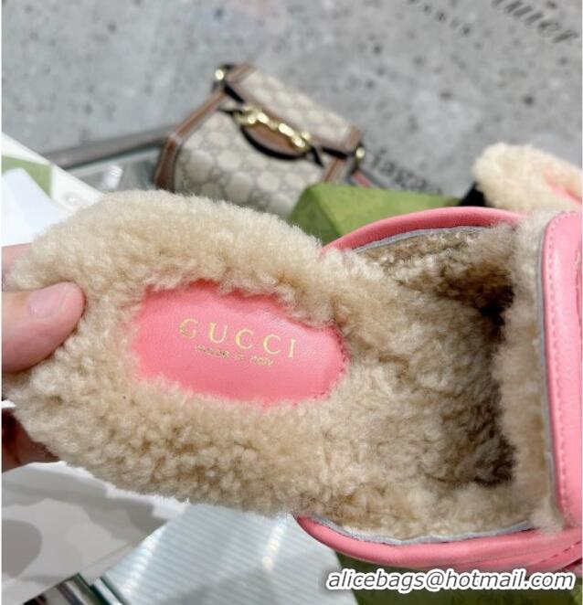 Discount Gucci Leather Shearling Slippers with Double G 111631 Pink