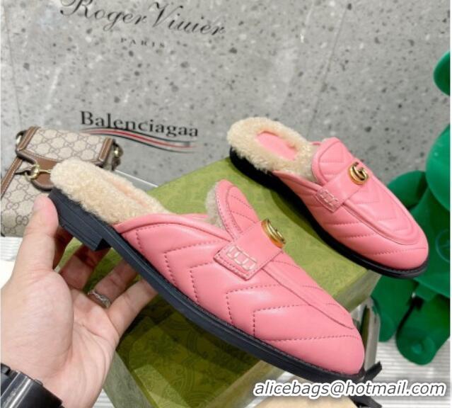 Discount Gucci Leather Shearling Slippers with Double G 111631 Pink