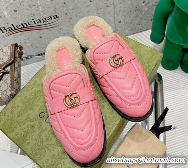 Discount Gucci Leather Shearling Slippers with Double G 111631 Pink