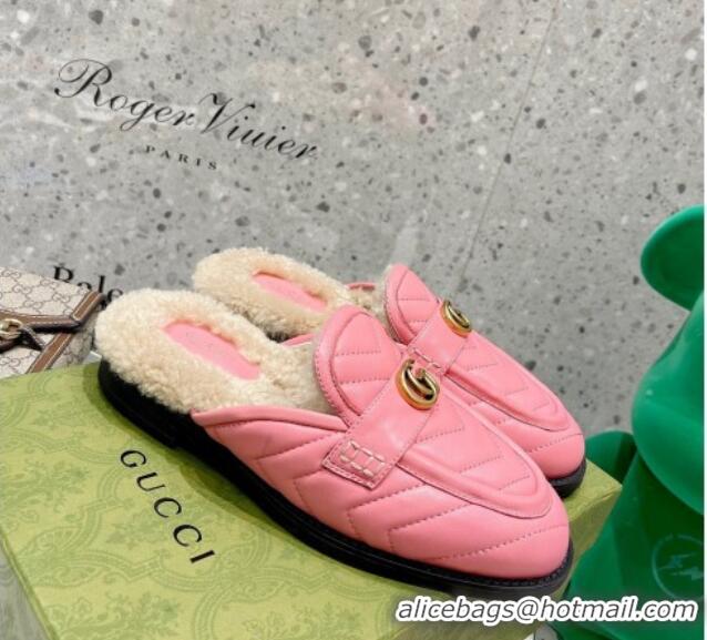 Discount Gucci Leather Shearling Slippers with Double G 111631 Pink