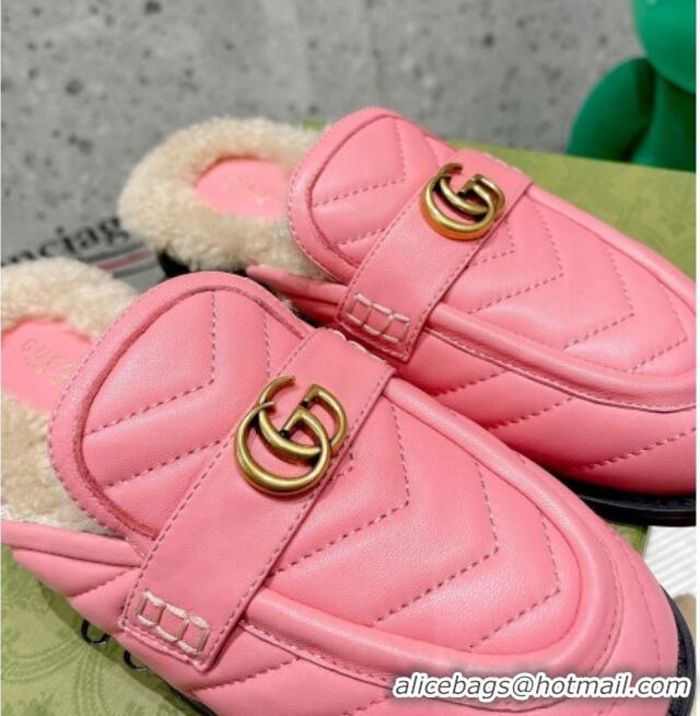 Discount Gucci Leather Shearling Slippers with Double G 111631 Pink