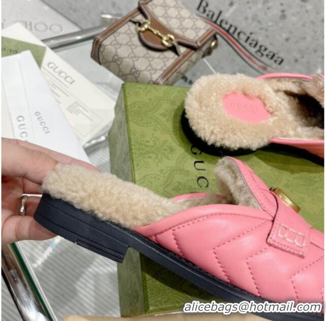 Discount Gucci Leather Shearling Slippers with Double G 111631 Pink