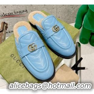 Luxurious Gucci Leather Shearling Slippers with Double G 111631 Blue