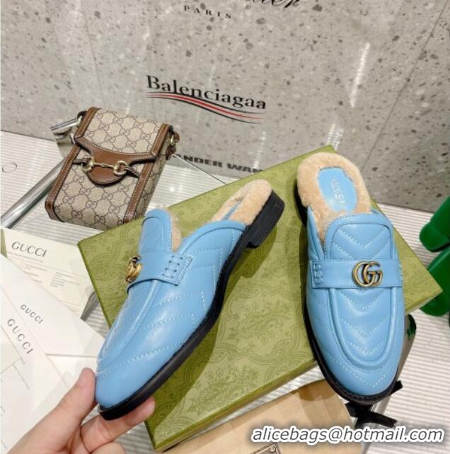 Luxurious Gucci Leather Shearling Slippers with Double G 111631 Blue