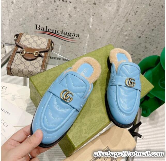 Luxurious Gucci Leather Shearling Slippers with Double G 111631 Blue