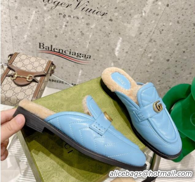 Luxurious Gucci Leather Shearling Slippers with Double G 111631 Blue