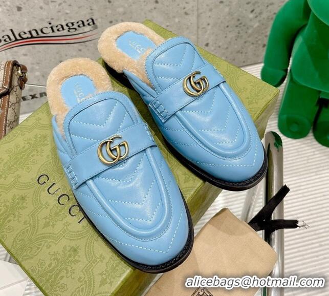 Luxurious Gucci Leather Shearling Slippers with Double G 111631 Blue