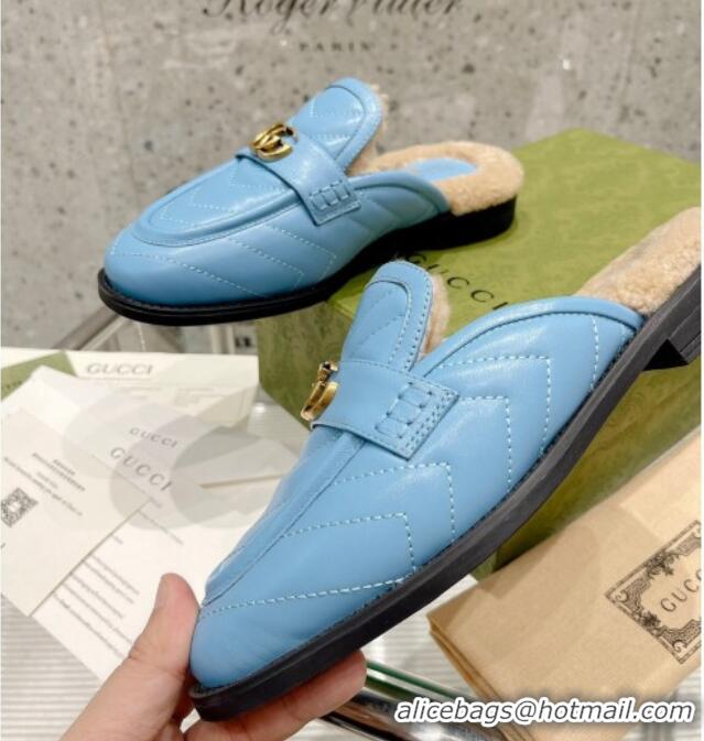 Luxurious Gucci Leather Shearling Slippers with Double G 111631 Blue