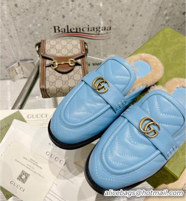 Luxurious Gucci Leather Shearling Slippers with Double G 111631 Blue