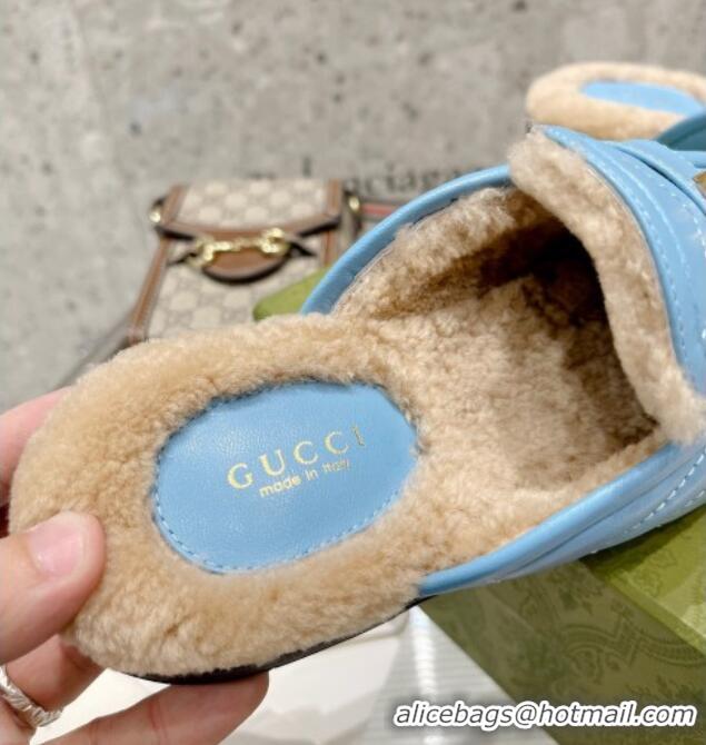 Luxurious Gucci Leather Shearling Slippers with Double G 111631 Blue