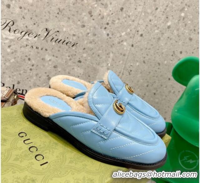 Luxurious Gucci Leather Shearling Slippers with Double G 111631 Blue