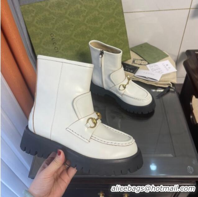 Good Taste Gucci Leather Ankle Boot with Horsebit 643900 White