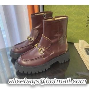 Unique Style Gucci Leather Ankle Boot with Horsebit 643900 Burgundy